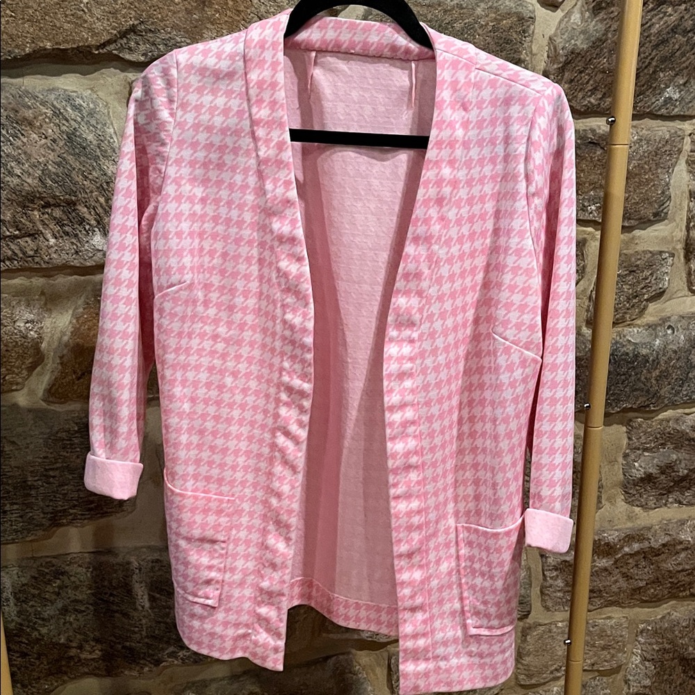 Vintage 70s Polyester Pink Houndstooth Women's Open Front Jacket